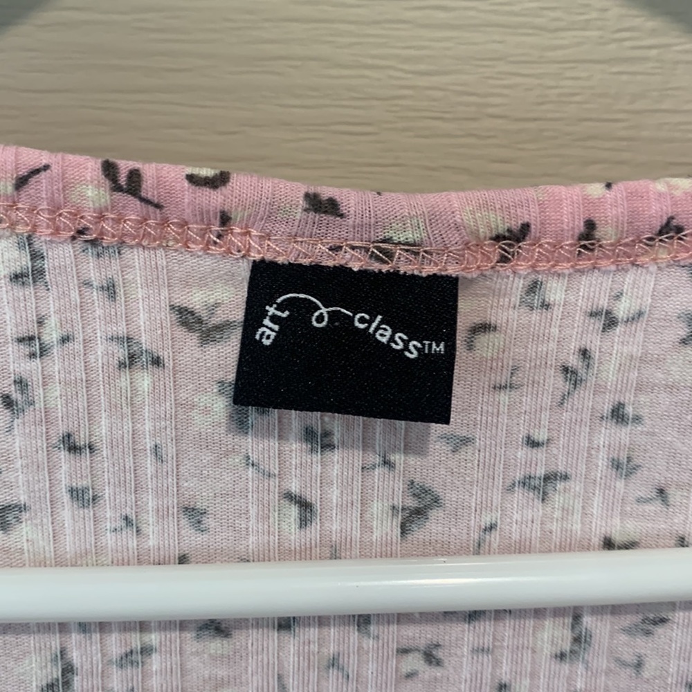 ART Class Target Brand Short Sleeve Ribbed Button Down Pink Floral Top SM Used - Picture 2 of 9